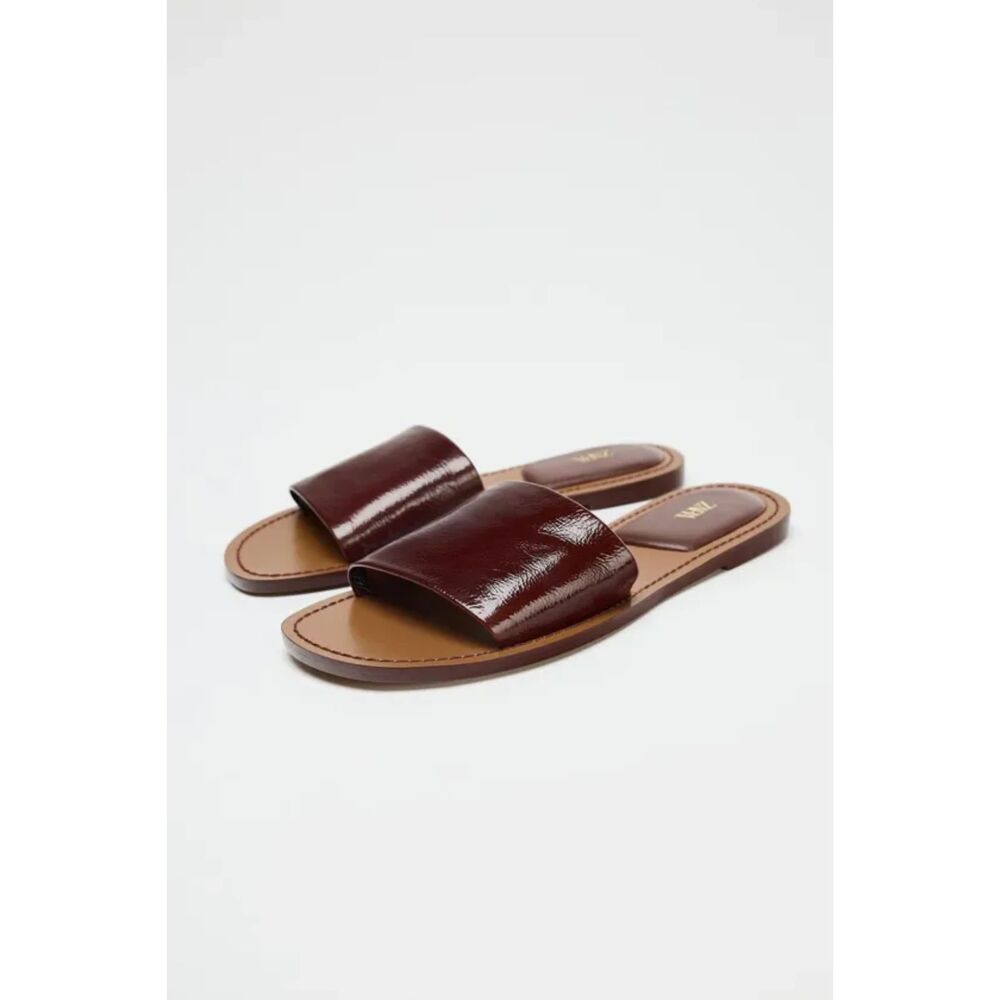 Brown Zara 100% Goat Skin Leather Open-Toe Slides Slip-On Flat Sandals (NWT)